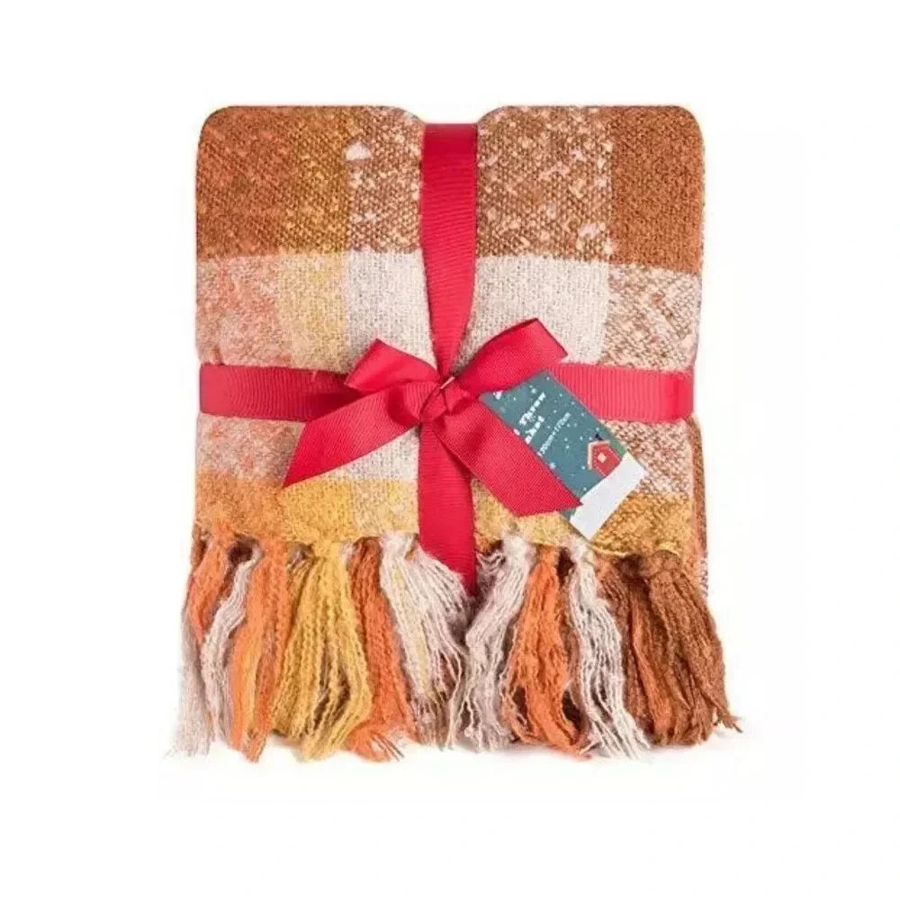 Orange Plaid Blanket Throw Acrylic Soft Reversible Dyed Fringed Bed Blanket f...